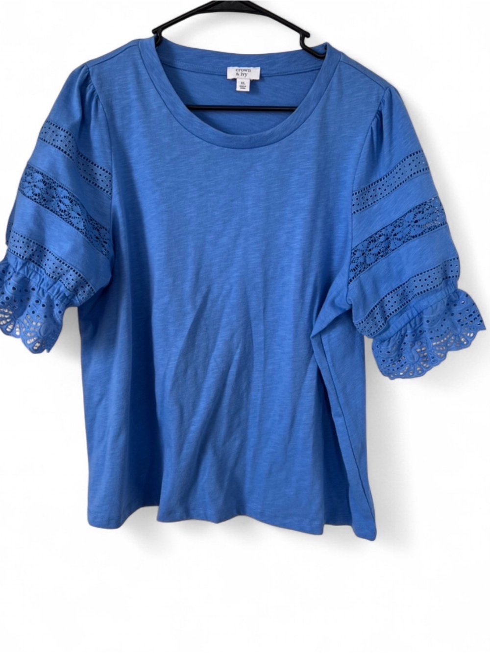 Cropped Sleeve Lace-Trim Tee - Blue
